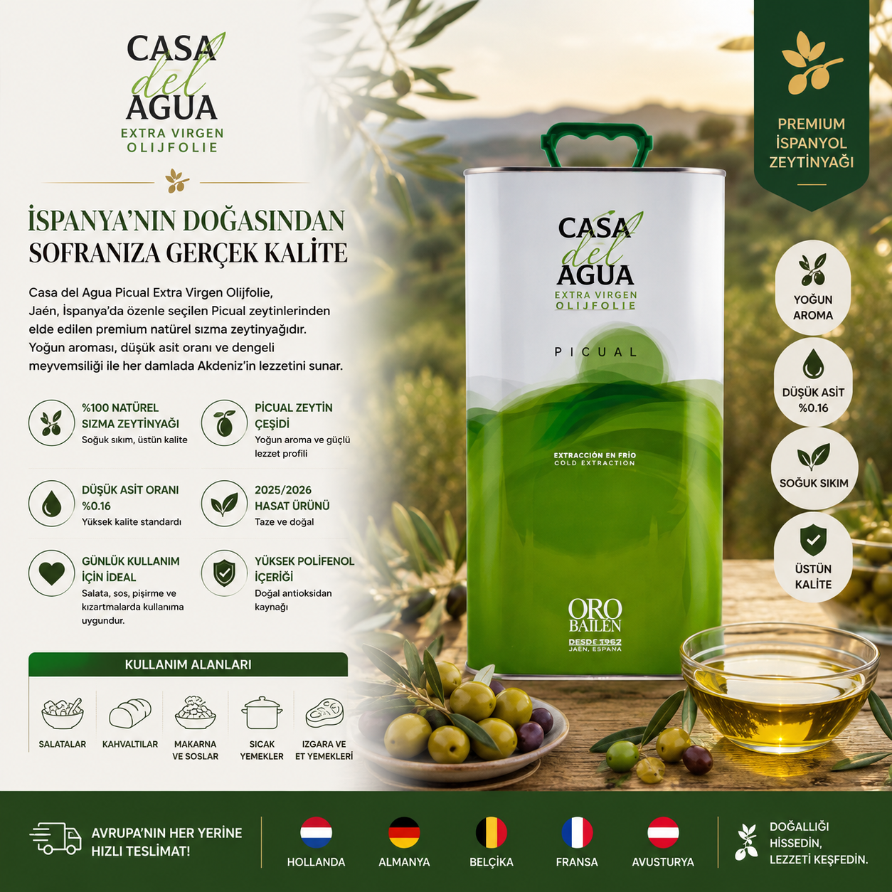 CASA DEL AGUA PICUAL EXTRA VIRGIN ZEYTİNYAĞI 5 LİTRE (İspanya)