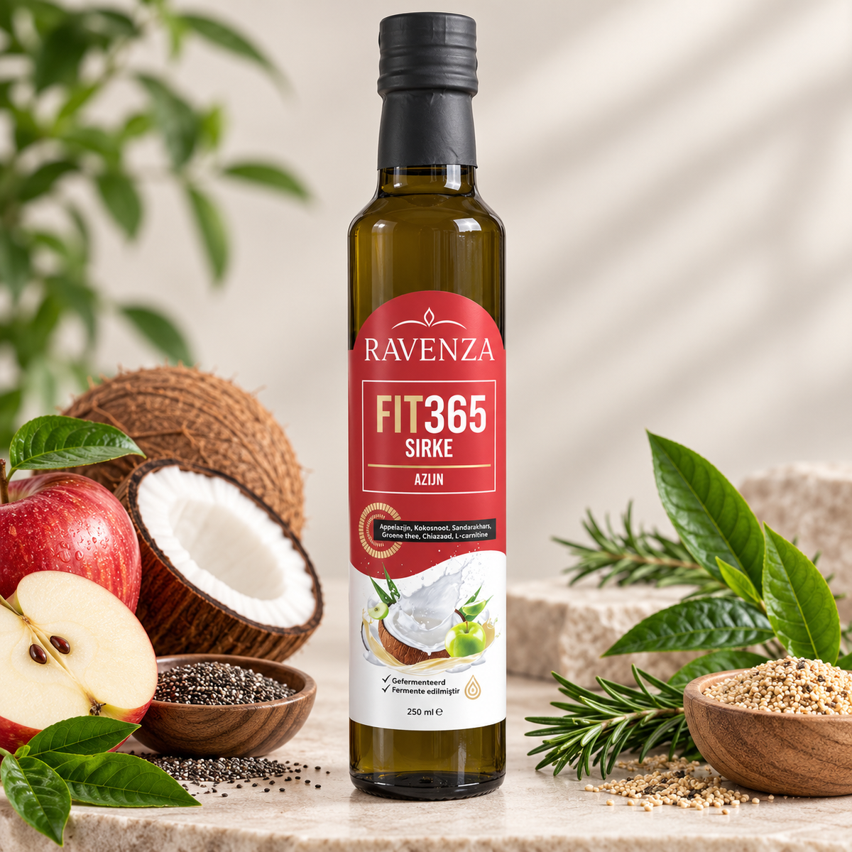 Ravenza FIT365 Fit365 – Hindistan Cevizi Yağı, Chia Tohumu, Kinoa ve L-Karnitin İçeren Elma Sirkesi – Doğal Fermente 250 ml