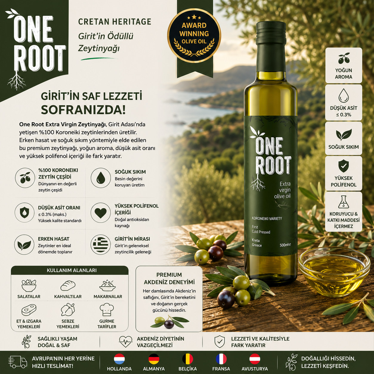 Girit HERITAGE ONE ROOT EXTRA VIRGIN ZEYTİNYAĞI 500ML