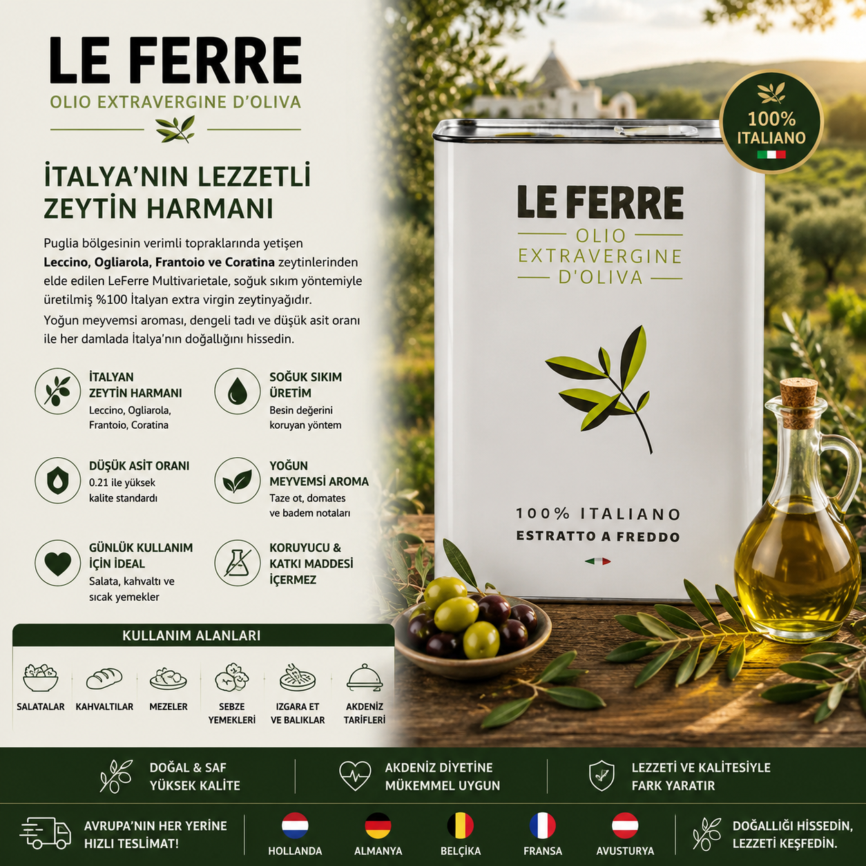 LeFerre Multivarietale İtalyan Sızma Zeytinyağı 3 Litre