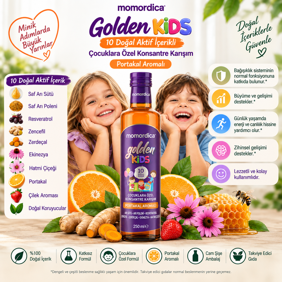 Golden Kids – 10 Doğal Aktif İçerikli Çocuklara Özel Konsantre Karışım – 250 ml