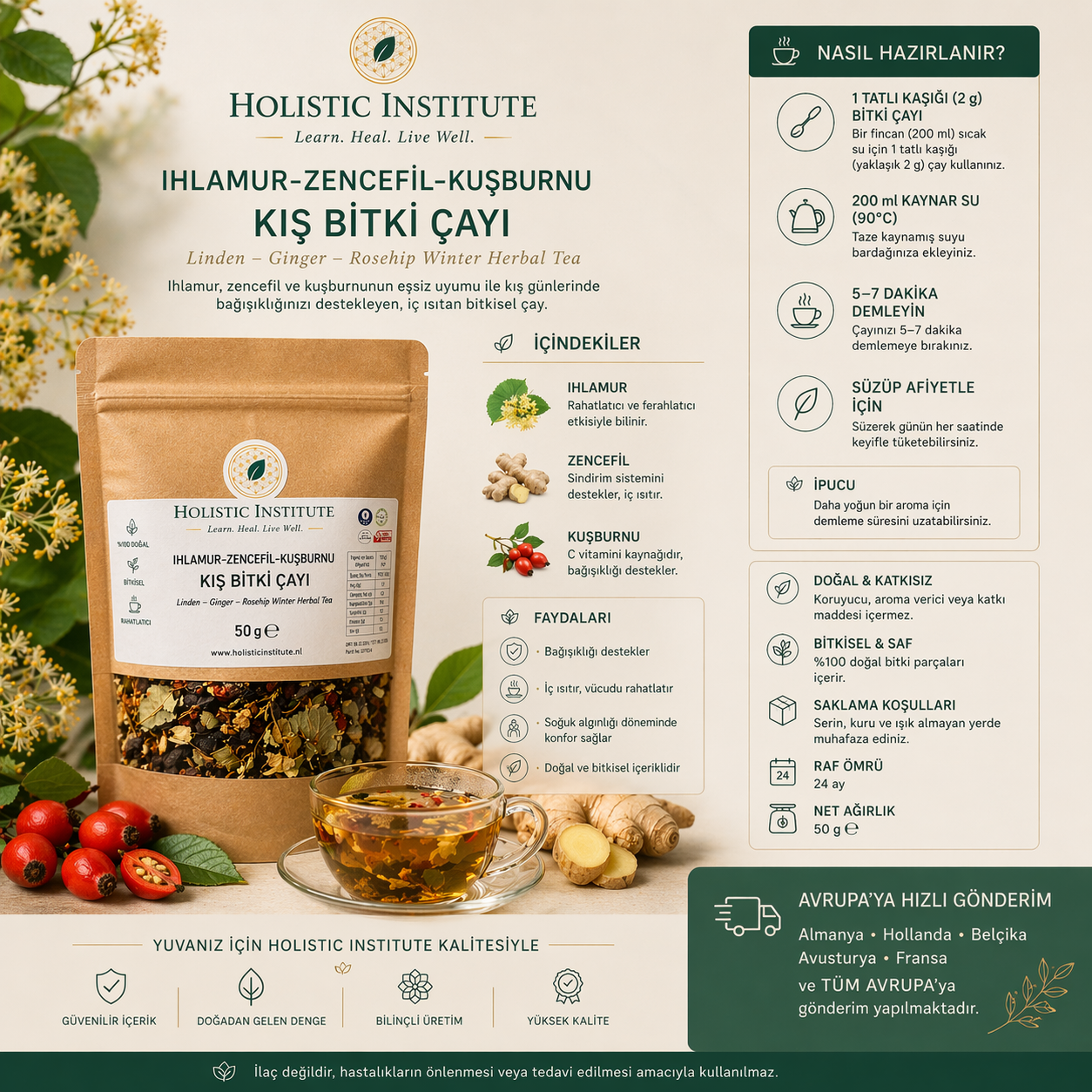 Ihlamur – Zencefil – Kuşburnu Bitki Çayı - (Isıtıcı - Bağışıklık Destekleyici)