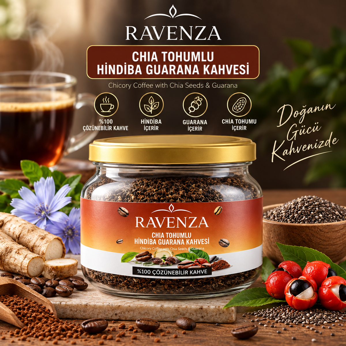 Ravenza Hindiba Kahvesi, Chia Tohumu ve Guarana İçerikli - Hazır Kahve