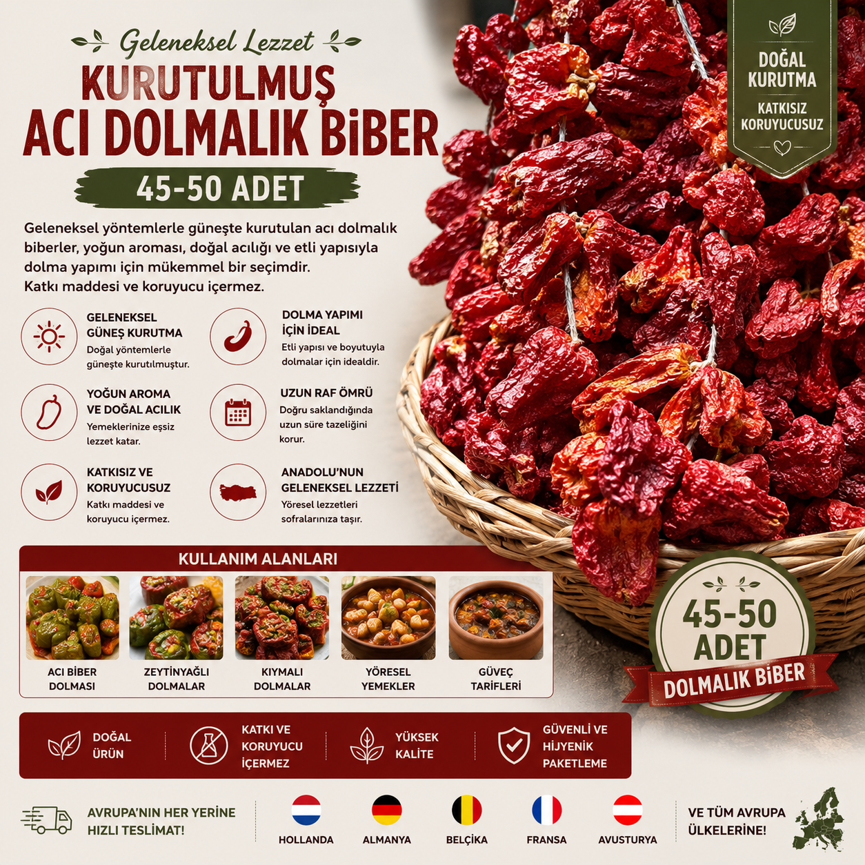Kurutulmuş Acı Dolmalık Biber (45–50 Adet)